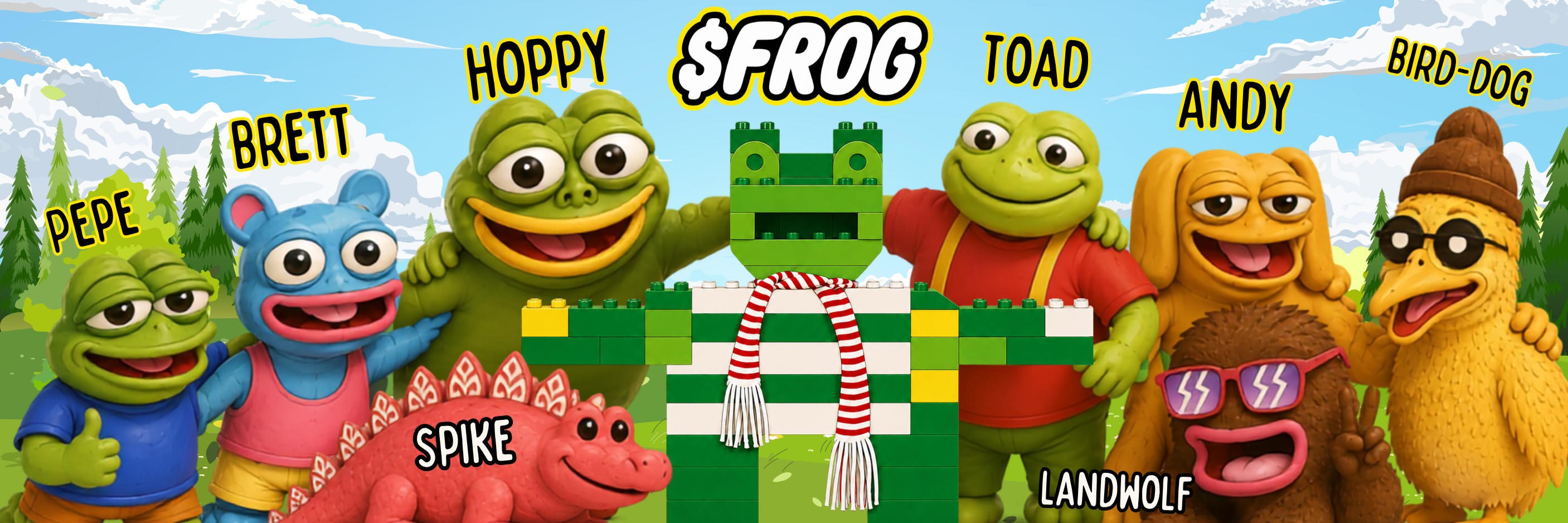 $FROG with the full cast of colorful frog, animal, and block-built characters